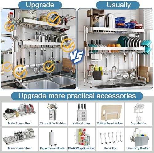 Over The Sink Dish Drying Rack,3 Tier Adjustable Length Full Stainless Steel Large Storage Kitchen Dish Rack,for Kitchen Counter Expandable Multifunctional Organizers,Silver (25.98-37.6")