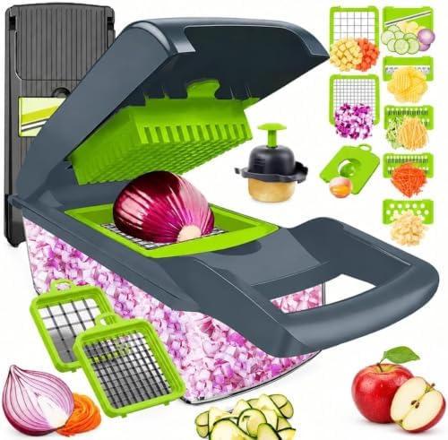 14-in-1 Vegetable Chopper, Mandoline Slicer & Food Dicer with Container, Multifunction Vegetable Cutter with Stainless Steel Blades, Onion Chopper, Grater, Julienne & French Fry Cutter by REZESAT
