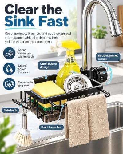 Sink Organizer Rack Hanging Faucet Sponge Holder with Drip Tray