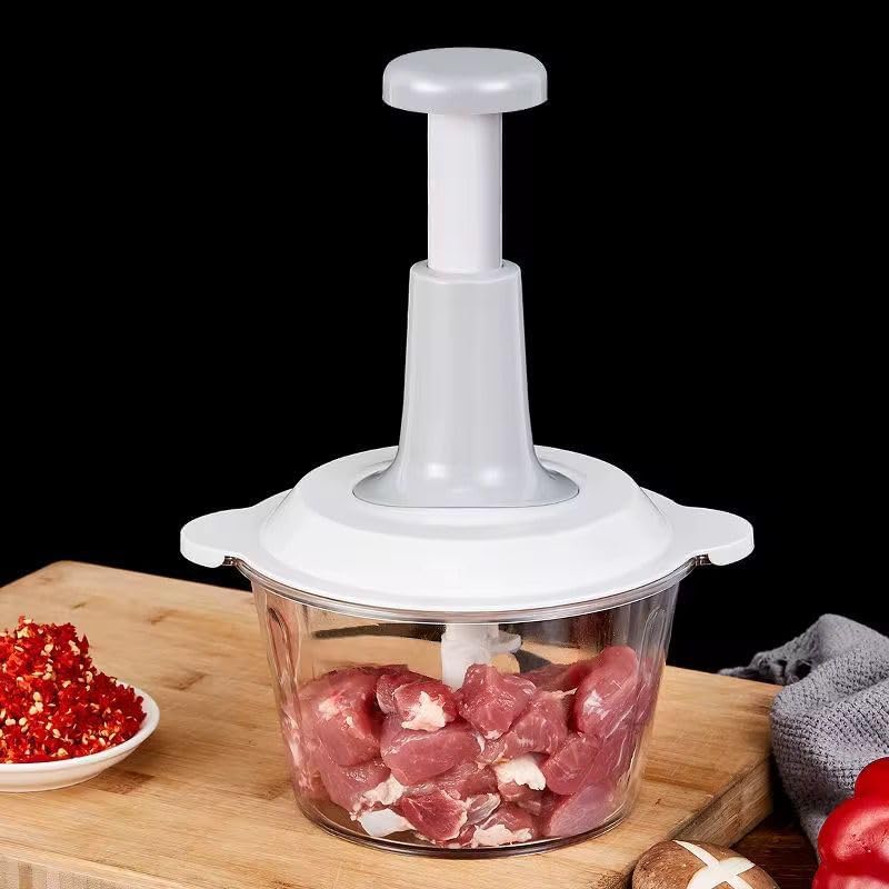 Manual Food Chopper, Hand Push for Perfect Texture, Vegetable and Meat Mincer with Stainless Steel Blades, Clear Bowl (Grey) - Image 2