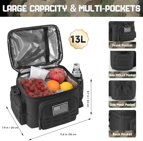 Tactical Lunch Bag for Mens Military Heavy Duty Lunch Box Work Leakproof Insulated Durable Thermal Cooler Bag for Adult Meal for Office Camping Picnic Pail MOLLE Webbing Black