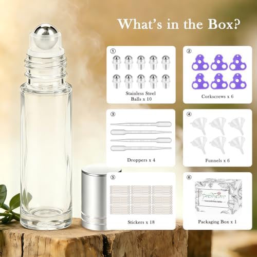 PrettyCare Set of 60, 10 ml Essential Oil Roller Bottles with Stainless Steel Roller Ball - Bulk Refillable Leak-proof Empty Clear Glass Roll on Bottles with Silver Metal Caps for Travel, Perfume - Image 2