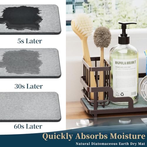 Sponge Holder for Kitchen Sink - Sink Caddy Organizer with Water Absorbing Stone Tray, Detachable Brush Holder, Stainless Steel Kitchen Counter Organizer Rack, Bronze