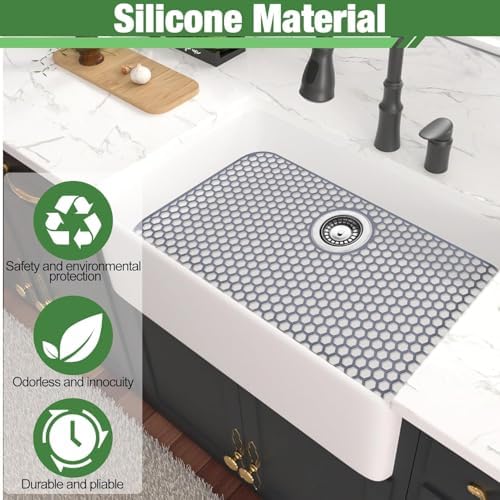 Sink Protectors Mat - 25.79"x13.98" Kitchen Sink Pad for Bottom of Basin for Protection of Stainless Steel and Tableware, Farmhouse Rubber Basin Mat Protector with Rear Drain - Light Gray