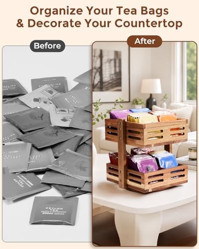 Acacia Wood Tea Bag Organizer, 360° Rotating 2-Tier Storage Holder with 8 Compartments, Holds 80+ Tea Bags for Kitchen Countertop, Tea Station, Home Decor