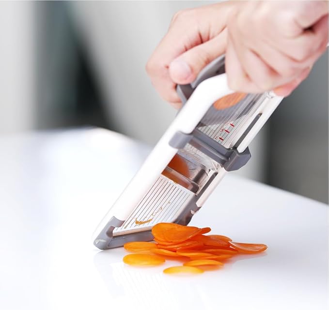 ZKIRON Handheld Mandoline Slicer for Kitchen - Adjustable 3-Thickness (1mm-3mm) Slicer Vegetable Cutter with Safety Hand Guard Potato Onion Tomato & Cucumber Slicer for Salad, Easy to Clean (Gray)