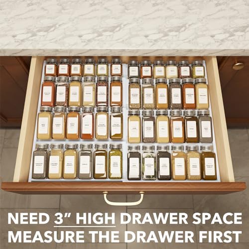 Bamboo White Spice Drawer Organizer, (Need 3" Deep Drawer) Expandable 4 Tier Spices Rack for Cabinet, Kitchen Seasoning Storage Insert (Jars Not Included, From 12" to 23" Wide)