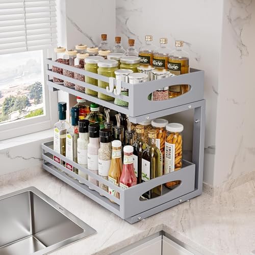 Under Sink Organizer, 2 Tier Under Sink Organizers and Storage, Adjustable Height, Slide out Metal Cabinet Organizers, Pull out Cabinet Storage Drawer Shelf for Kitchen Bathroom (Gray, 2 Pack)