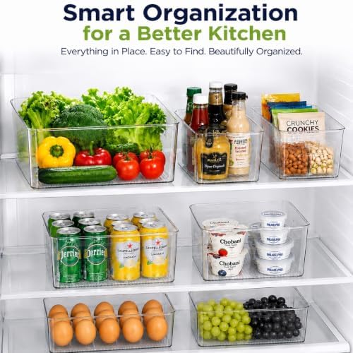 Set of 5 Stackable Fridge Organizers and Storage Bins, 2 Small, 2 Medium & 1 Large Clear Plastic Pantry Organizer Bins with Handles, BPA-Free PET Food Storage Boxes for Kitchen, Freezer & Cabinet