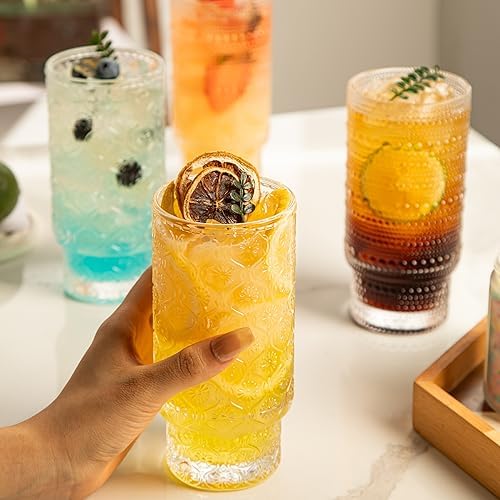 16oz Drinking Glasses Set of 4, 2 Hobnail Glasses & 2 Embossed Water Goblets, Flower Design Stackable Vintage Tumbler Glasses, Old Fashion Beaded Glass Cups for Cocktail, Iced Coffee, Beer