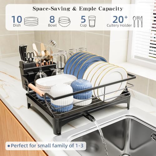 Dish Drying Rack,Space Saving Dish Drainer for Kitchen Counter & Sink,Black