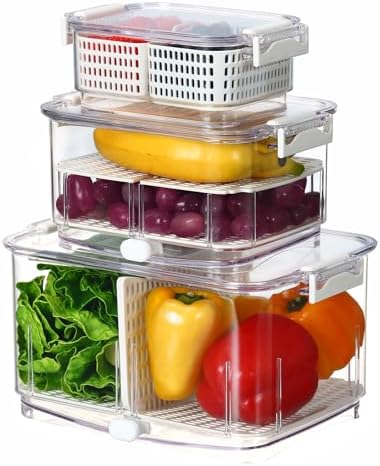 Duo Fresh Produce Saver for Fridge, Fruit Vegetable Container with Vent & Drainage in Bottom for Wash, Colander Strainer Storage Bin for Refrigerator, Berry Lettuce Keeper