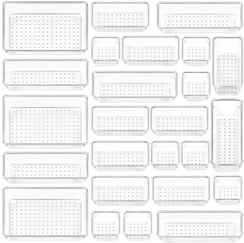 25 PCS Clear Plastic Drawer Organizers Set, 4-Size Versatile Bathroom and Vanity Drawer Organizer Trays, Storage Bins for Makeup, Bedroom, Kitchen Gadgets Utensils and Office