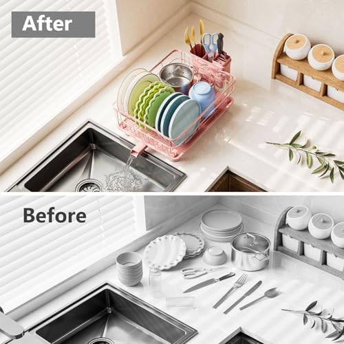 Auto Drain Metal Dish Drying Rack Dish Drainers, Pink