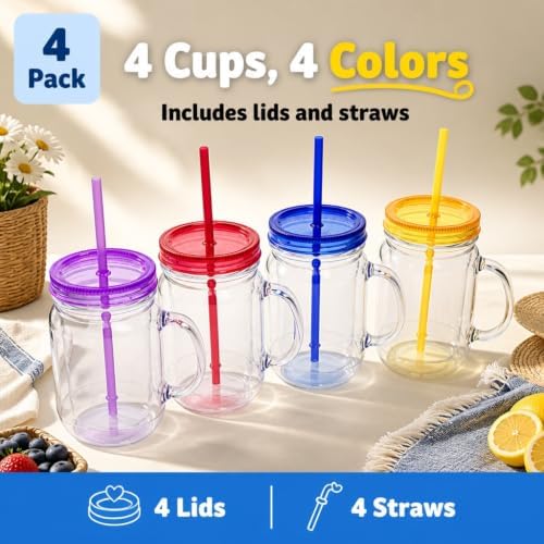 Plastic Mason Jars with Handles, Lids and Straws | 20 oz Double Insulated Tumbler with Straw | 4 Pack Set of 4 | Wide Mouth Mason Jar Mugs | Cups for Kids and Adults…