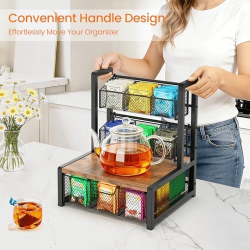 Tea Bag Organizer, 3 Tier Tea Storage Box, Rustic Brown