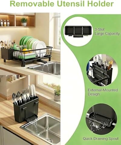 Dish Drying Rack for Kitchen Counter,Stainless Steel Drainers Rack with Detachable Cutlery Holder,Automatic Drainage System,Anti-Rust Dish Strainer Ideal for Families and Home