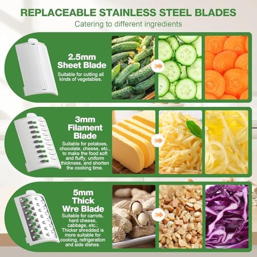 Electric Cheese Grater for Block Cheese - 3 in 1 Rotary Cheese Grater Electric Rotary Grater Salad Shooter Electric Slicer for Cheeses, Fruits, Vegetables and Nuts (Green)
