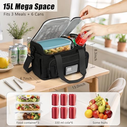 Lunch Box for Men Women, 15L Insulated Lunch Bag with Hot/Cold Compartment