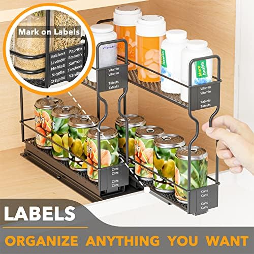 Pull Out Spice Rack Organizer for Cabinet, Heavy Duty Slide Out Seasoning Kitchen Organizer, Cabinet Organizer, with Labels, 5.2" W x10.75 D x10 H, 2 Drawers 2-Tier