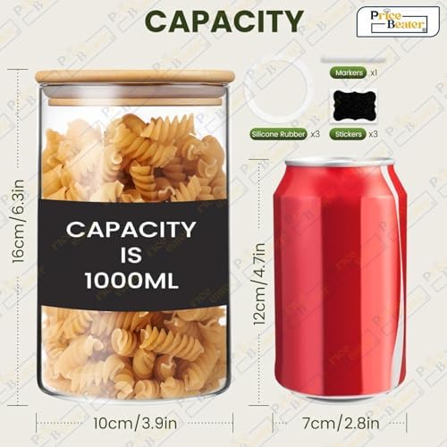 Set of 3 Glass Jars Containers – 1 L Airtight Food Storage Jars with Bamboo Lid for Cereal, Pasta, Tea, Coffee, Sugar – Dishwasher Safe