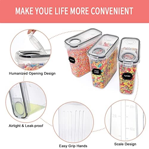 Cereal Containers Storage Set (4L,135.2 Oz), 8PCS Airtight Food Storage Containers with Lids for Kitchen & Pantry Organizers and Storage, Cereal Dispensers with 20 labels, Measuring Cup & Marker