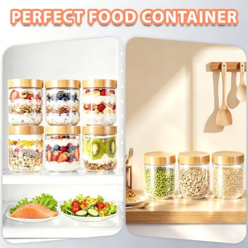 Overnight Oats Containers with Bamboo Lids, 16 oz Leakproof Glass Jars
