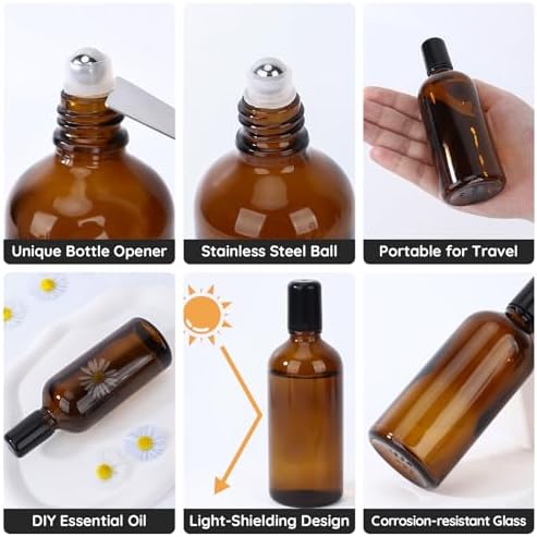 Segbeauty 3.4oz Thick Amber Glass Roller Bottles for Oils, 5pcs Empty Roll On Bottles for Perfume Massage Castor Essential Oil, 100ml Refillable Roller Ball Applicator with Stainless Steel Rollball - Image 3