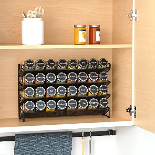 Spice Rack Organizer with 32 Spice Jars, 386 Spice Labels, Chalk Marker and Funnel Set for Cabinet, Countertop, Pantry, Cupboard or Door & Wall Mount - 32 Jars, 15.3" W × 10.8" H, Black