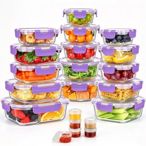 42pcs Glass Food Storage Containers with Lids Set, 21 Containers & 21 Lids Glass Meal Prep Containers with Snap Locking Lid Set, Leak Proof Lunch Container BPA-Free,Purple