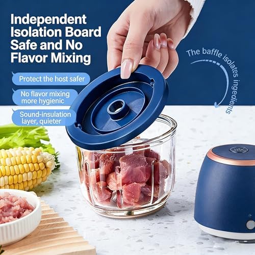 2026 Upgrade Electric Garlic Chopper, Mini Electric Food Chopper, 350ml with 6 Stainless Steel Blades & Thickened Glass, Cordless Food Processor for Chili, Ginger, Nuts, Meat and Fruits (Blue) - Image 3