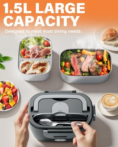 Electric Lunch Box for Men, Women & Adults - 80W Fast Heating - Heated Lunch Box with Dual 1.5L SS Containers - Portable Food Warmer for Car, Truck, Office