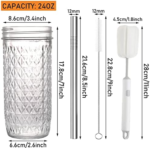 2 Pcs Glass Cups Set - 24oz Mason Jar Drinking Glasses with Bamboo Lids & Straws & 2 Airtight Lids, Cute Reusable Smoothie cup, Iced Coffee Glasses, Travel Tumbler for Bubble Tea, Juice