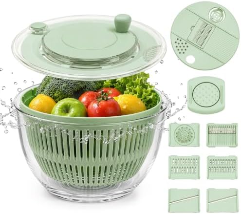Salad Spinner 4.25qt, One‑touch Stop Button & Non‑slip Base, Vegetable Dryer Bowl with 5‑blade Slicer & Egg Yolk Strainer for Kitchen Party Use by Unknown