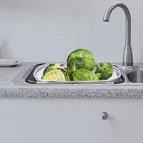 Over the Sink Colander with Expandable Rubber Grip Handles - Fine Mesh Oval Strainer in Stainless Steel -Drain, Rinse Fruits and Vegetables