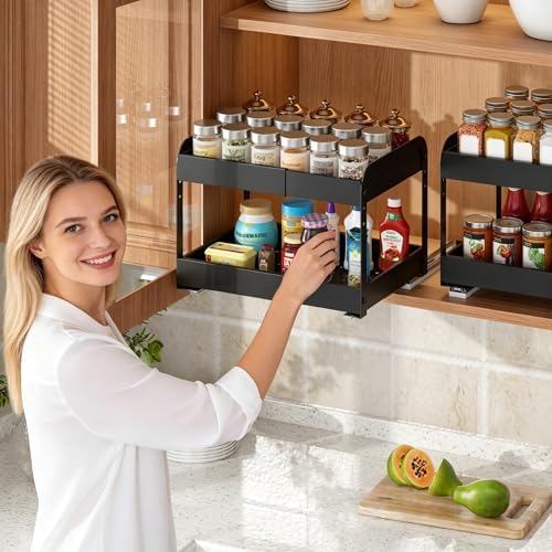 Expandable Pull Out Drawers For Shallow Cabinets, 2-Tier Slide Out No Drill Adhesive Kitchen Cabinet Organzier, Adjustable Roll Out Sliding Shelf For Short Upper Cabinet Pantry