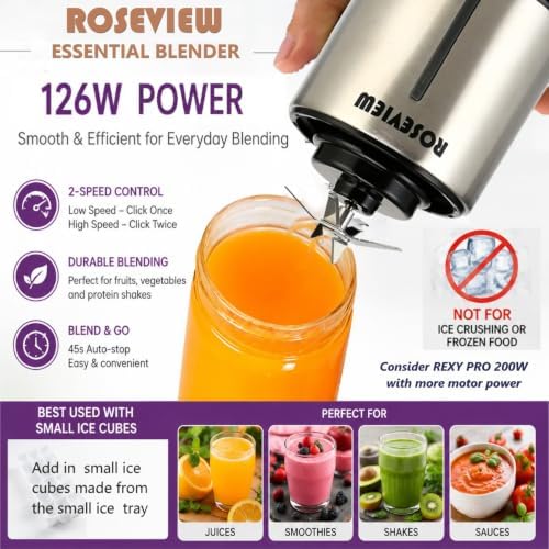 Portable Smoothie blender ROSEVIEW Glass bottle USB rechargeable mini Handheld Ice Shakes Cup 2 speed blend juicer Cordless Personal smoothies maker Fruit mixer (Matellic Steel) - Image 5