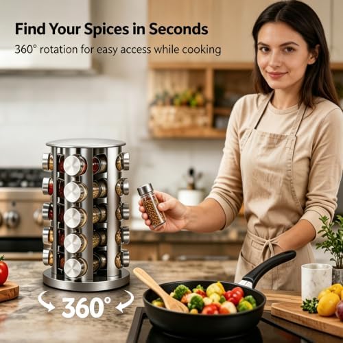 Revolving Spice Rack with 20 Jars,Spice Rack Organizer With labels funnel