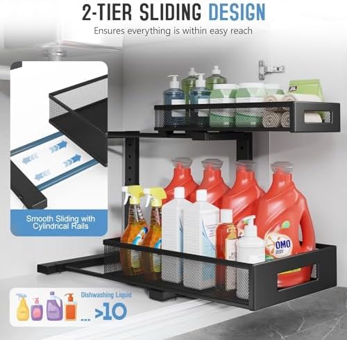2-Pack Under Sink Storage Organizer, Large 2-Tier Elegant Mesh Pull Out Shelf for Kitchen and Bathroom Cabinet Organization, L-Shaped and Adjustable Height Design,Patent Pending-Black