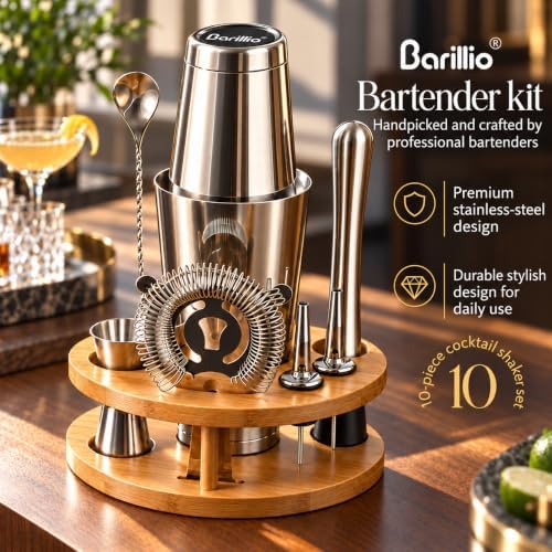 Elite Mixology Bartender Kit with Stand - Cocktail Shaker Set with Bamboo Stand, Boston Drink Shaker, Mojito Muddler, and Drink Mixer Spoon - 9-Piece Bar Tools Set - Bar Accessories for Home