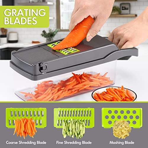 Vegetable Chopper Onion Cutter, 12 in 1 Professional Mandoline Slicer for Kitchen, Multifunctional Food Chopper for Potato, Tomato, Veggie with Strainer Basket, 8 Blades, Gray