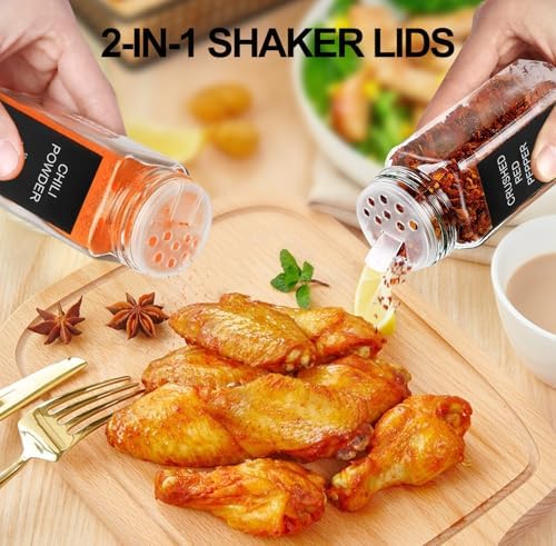 24 Pcs Glass Spice Jars with 398 Labels, 4oz Empty Square Spice Containers Seasoning Bottles - Shaker Lids, Funnel, Brush and Marker Included(Black Metal Caps)