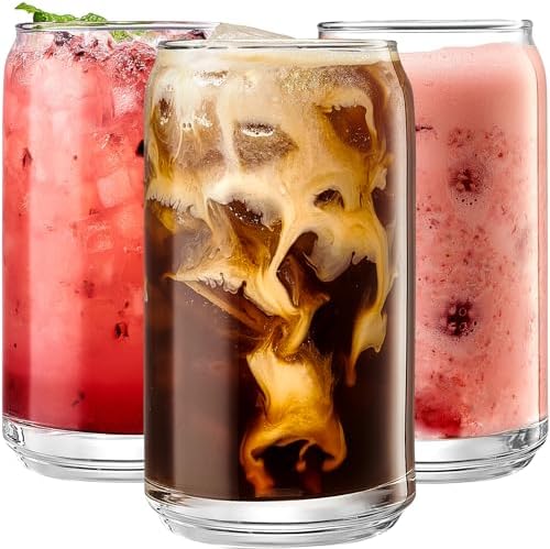 Set of 6 Patented Can Shaped® Drinking Glasses - 16oz Clear Goblet Glass Cups for Margarita, Cocktails, Iced Coffee, Tea, Soda, Whiskey, Water and Beer