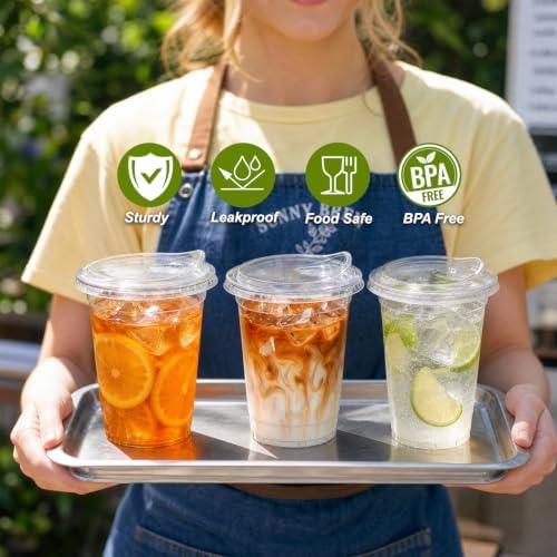 100 Pack 16 oz Clear Plastic Cups with Strawless Sip Lids