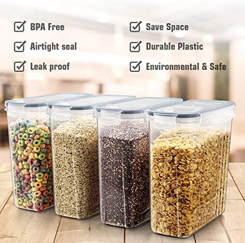 Cereal Storage Containers Set, Large BPA Free Plastic Airtight Food Storage Containers 4L /135.3oz for Flour, Sugar, 6 Piece Set Cereal Dispensers with 20 Labels & Marker, Grey