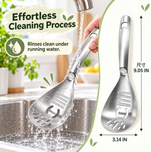 5-in-1 Multifunction Stainless Steel Cooking Grater Spoon, Kitchen Tool for Mashing, Grating, Straining, Egg Separating & Bottle Opening, 1.5mm Steel, 144 Grinding Teeth - Image 6