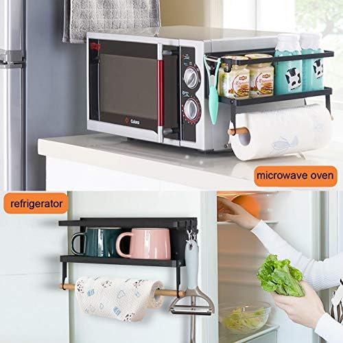 Magnetic Fridge Spice Rack- Space Saving Organizer Black Shelf on Refrigerator, Kitchen Paper Towel Holder, Foldable Design (Black-Small)