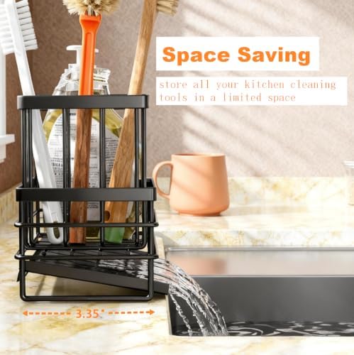 Stainless Steel Sink Caddy Sponge Holder for Kitchen Sink, Countertop Organization Storage with Movable High Brush Holder, Soap Dispenser Set Tray Counter Storage Rack, Home Decor Accessories