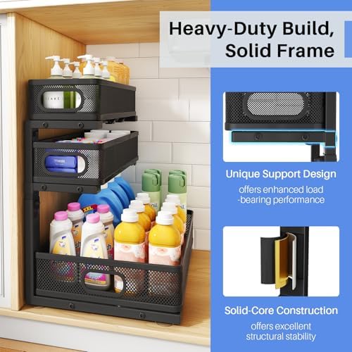 Under Sink Organizer, 3-Tier Thickened Metal Pull out Cabinet Organizer Shelf, Height Adjustable Slide out Storage Drawer Rack for Kitchen Bathroom Pantry Laundry Home Organization, 2-Pack, Black