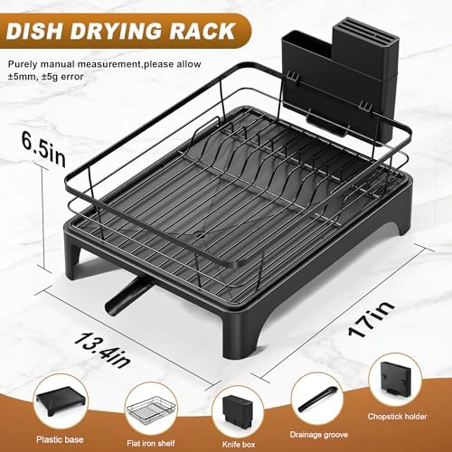 Large Dish Drying Rack with Automatic Dish Drying Rack for Kitchen Counter, Rustproof Stainless Steel Dish Drainer with Cutlery Holder, Over Sink Organizer (17" x 13.4", Black)